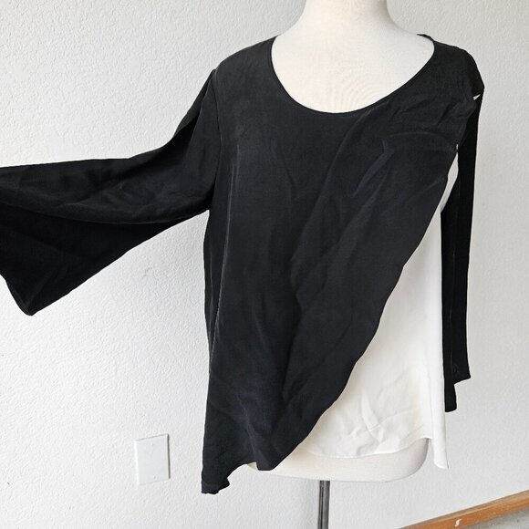Neiman Marcus Black White Two Tone 100% Silk Asymmetrical Lagenlook Top Blouse M - Picture 2 of 6